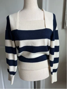 Anthropologie Kourt Sweater Monica Striped Large Blue Cream Cropped Square Neck - Picture 1 of 15