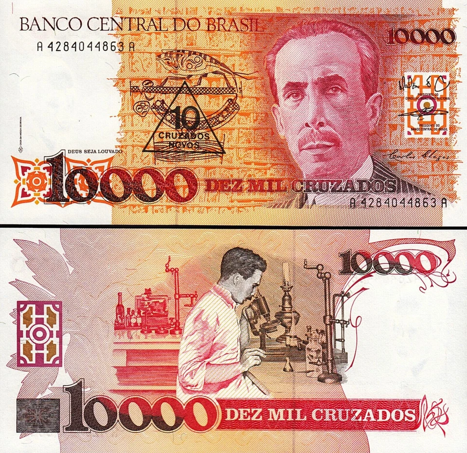 BRAZIL 10 CRUZADOS ON 10,000 CRUZADOS 1990 UNC SIG27,OVERPRINTED,PORTRAIT OF CAR - Image 1 of 1