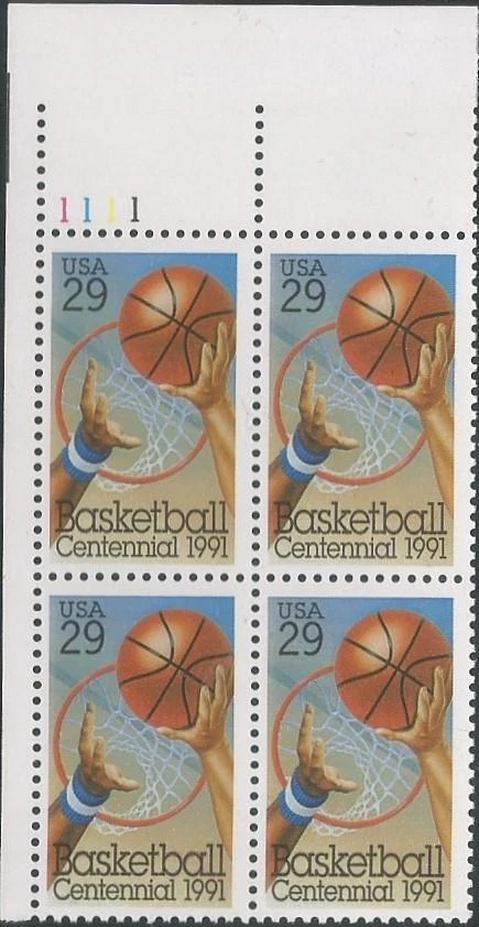 Plate Block of 4 stamps - Scott 2560- 29 cent - Basketball - 1991- MNH - Image 1 of 1