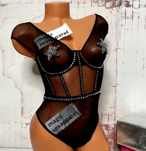 VICTORIAS SECRET XS CRYSTALS RHINESTONES STAR TEDDY BODYSUIT SHEER MESH BLACK - Picture 1 of 2