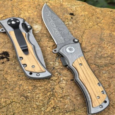 8.25" Hunting Tactical Spring Assisted Folding Blade Pocket Knife Wood Handle - Image 1 of 4