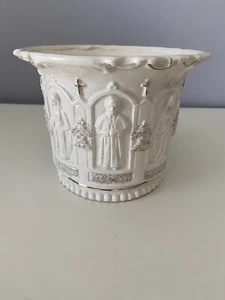 Religiöser Blumentopf Elfenbein und Gold Pflanze Porzellan Hergestellt in Japan Vintage 5 Zoll LESEN - Bild 1 von 12