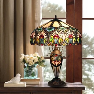 Stained Glass Table Desk Lamp Tiffany Style Double Lit Floral Design Shade - Picture 1 of 7