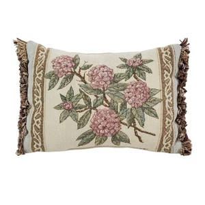 Floral Tapestry Chenille Throw Pillow Fringe Rectangular Beige Pink Hydrangea - Picture 1 of 6