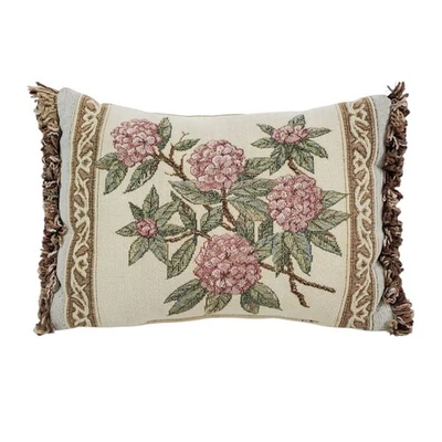 Floral Tapestry Chenille Throw Pillow Fringe Rectangular Beige Pink Hydrangea - Image 1 of 4