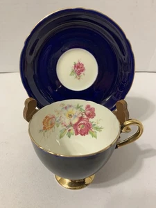 Shelley Bone China Cobalt Blue & Wild Roses Teacup & Saucer Ripon Shp 13311/42 - Picture 1 of 7