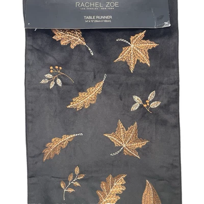 Rachel Zoe Black Velvet Table Runner with Metallic Thread and Fall Leaves 14x72 - Image 1 of 4