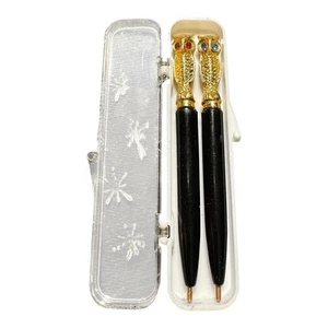 Vintage 2 Mini Owl Pens w Blue/Red Rhinestone Eyes & Case 1950s Black Gold Metal - Picture 1 of 7