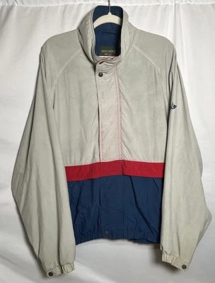 Vintage Dockers Golf Men’s Large Windbreaker Jacket Tan/Red/Blue 100% Nylon - Image 1 of 4
