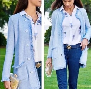 J. McLaughlin Size M Lexa Fringe Trim Coastal Blue Tweed Jacket Blazer Classy - Picture 1 of 9