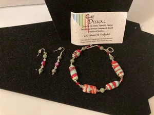 5 Soda Line Lampwork Perlen mit Türkis & Rot Swarvoski SS Armband & Ohrringe - Bild 1 von 13