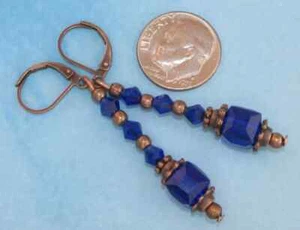 Cobalt Blue Crystal CUBE Earrings Copper Tone LEVER BACK Earwires Boho - Picture 1 of 4