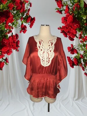 RUE 21 Crochet SATIN Kimono PEPLUM Top Blouse Shirt Size Small RUST ORANGE  - Image 1 of 4