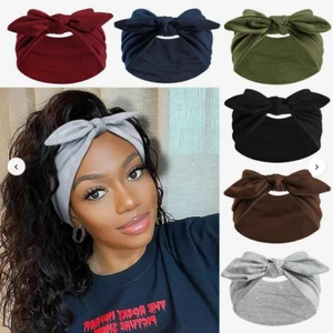 Rabbit Ear Bandana Wide Knotted Headband Hair Tie Runners Yoga Black 1050 - Picture 1 of 64