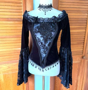 Top Devil Fashion Gótico Victoriano Vampiro Negro Terciopelo Cuentas Rosa y Encaje XXL - Imagen 1 de 15