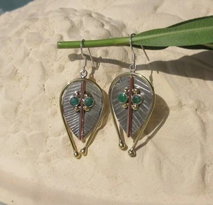 Ω Orecchini Gufo Stilisiert Occhi Di Smeraldo Pietra Del Maggio Argento Sterling - Imagen 1 de 10