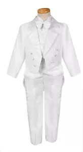 Jungen Smoking weißer Anzug Taufe Pinguinschwanz Jacquard Paisley Zierleiste 5 Stck. Hochzeit - Bild 1 von 3