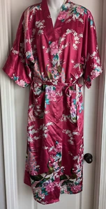 Asian Style Fuchsia Satin Floral Peacock Pattern Kimono Long Robe Sz One Size S - Picture 1 of 7