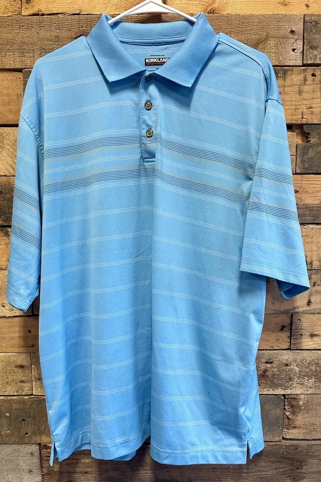 Kirkland Signature Mens Large Blue Striped Performance Polo Golf Shirt Size XL - Image 1 of 4