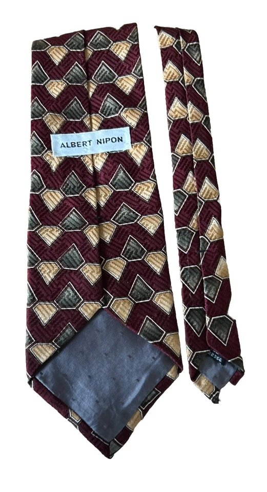 Vintage Albert Nipon maroon abstract geometric print silk tie Made USA 154 - Image 1 of 1
