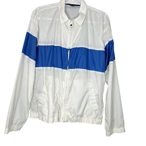 Vintage Van Heusen Windbreaker Jacket Men's L White Blue Stripe 80s 90s Nylon - Picture 1 of 10
