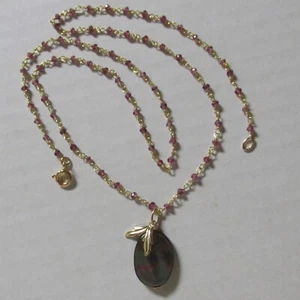 Rhodolith Granat Regenbogen Perlmutt Blatt Charm Anhänger-Kette 585 14K Gold GF - Picture 1 of 14