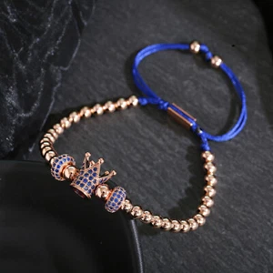 Luxury 18K Gold Micro Pave CZ Crown Copper Beads Adjust Men Women Bracelets - Picture 1 of 25