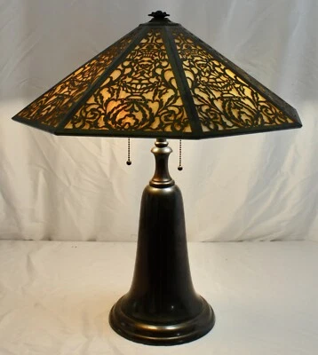 Miller Table Lamp w/Bradley & Hubbard Brass Sectioned Shade w/Slag Glass 1870 - Image 1 of 4