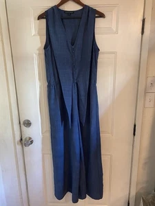 Boston Proper Damen Großer blauer Strampler Jumpsuit ärmellos Knopfleiste V-Ausschnitt - Bild 1 von 16