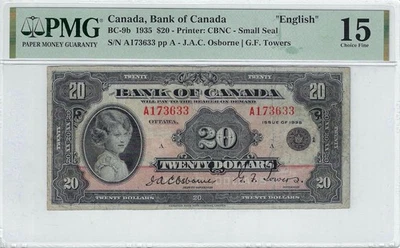 1935  BOC BC-9b,  $20  SN# A173633  PMG  F 15. English. - Image 1 of 2