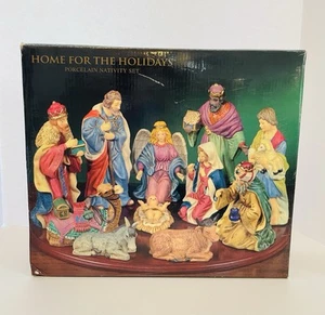 Vintage "Home For The Holidays" 12 Piece Porcelain Nativity/ Wood Manger /Creche - Picture 1 of 6
