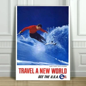 VINTAGE TRAVEL CANVAS ART PRINT POSTER - See The USA - Colorado Skiiing - 24x18" - Bild 1 von 1