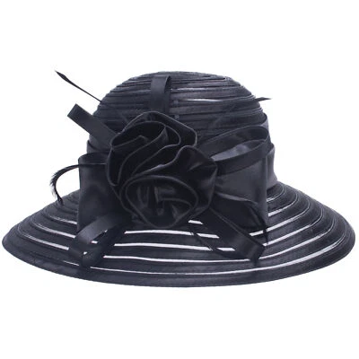 A214 Womens Church Wedding Kentucky Derby Satin Ribbon Feather Floral Sun Hats  - Image 1 of 4