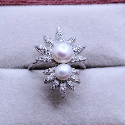 925 Massiccio Argento Perla D'Acqua Dolce Gemma Floreale Anello Regalo per Lei - Immagine 1 di 3