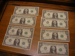 8 Fancy US Federal Reserve Currency $ 1 Dollar Note Rare Repeater Serial - Picture 1 of 6