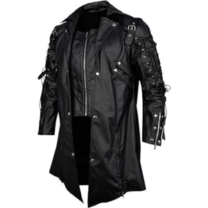 Mens Black Faux Leather Coat Goth Matrix Trench Coat Gothic Steampunk Coats - Picture 1 of 6
