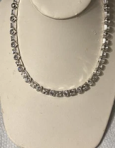 Vintage Monet Tennis Necklace Silver Tone Fishhook Clasp Princess & Circle Cut - Picture 1 of 11