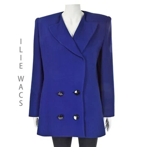 ILIE WACS Vintage 1980s Royal Blue Wool Crepe Double-Breasted Jacket SZ 12 - Picture 1 of 6