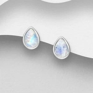 925 Sterling Silver Genuine 6.5x9mm Teardrop Moonstone Stud Earrings Women - Picture 1 of 2