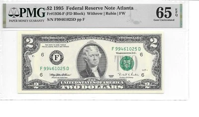 1995 $2 FRN Atlanta Harder to find FD Block PMG 65 EPQ  Gem Uncirculated - Image 1 of 4
