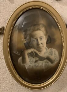 Antique Oval Painted Brass Frame BUBBLE GLASS 15.5” X  21.5” Portrait Woman