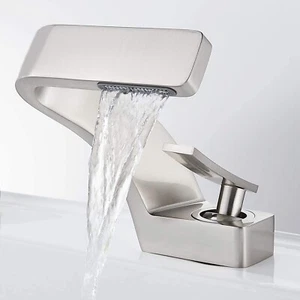 Waterfall Bathroom Sink Faucet 1 Hole Single Handle Vanity Mixer Brushed Nickel - Picture 1 of 12
