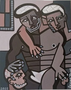Gay Interest Lgbt Muscular Male Couple Original Oil Painting Oxana Diaz 8" x 10" - Picture 1 of 9