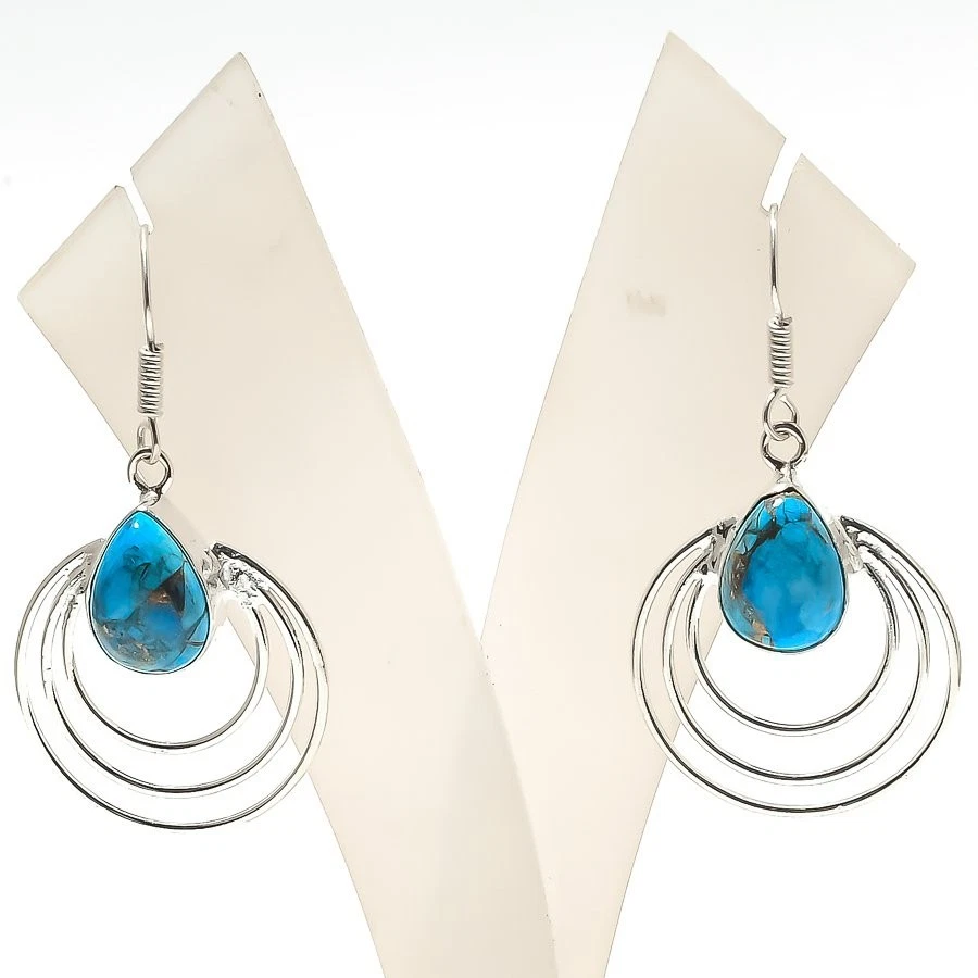 Natural Copper Turquoise Gemstone 925 Sterling Silver Jewelry Earring Size 2" - Image 1 of 1