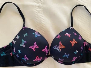 Victoria’s Secret PINK 32C Black Wear Everywhere Super Push Up Bra Butterflies - Picture 1 of 12