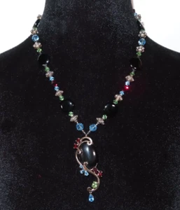 925 Sterling Silver Rhinestone Black Stone Pendant Necklace 18" Designer Signed - Picture 1 of 13