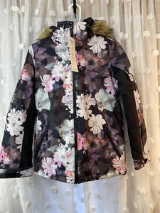 Roxy Skijacke Mädchen Jugend Kinder Größe 16 Xxl lila schwarz Blumen Kunstfell Kapuze - Bild 1 von 16
