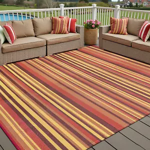 Outdoor Plastic Straw Rug Waterproof Patio 8X10 Red Orange Stripe Mat for Porch - Picture 1 of 12