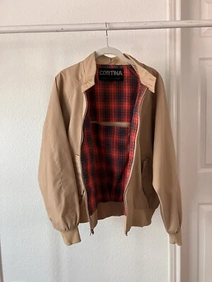 Vintage Cortina Tan Zip Up Bomber Jacket With Plaid Lining 80s - Image 1 of 4