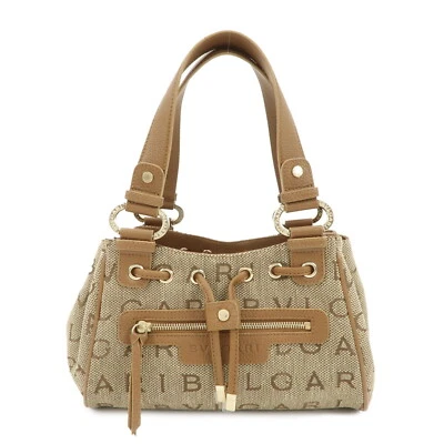 Bolso de Mano BVLGARI Logo Mania Maxi Letras Beige Marrón Lona Cuero Auténtico Usado Foto 1 de 4